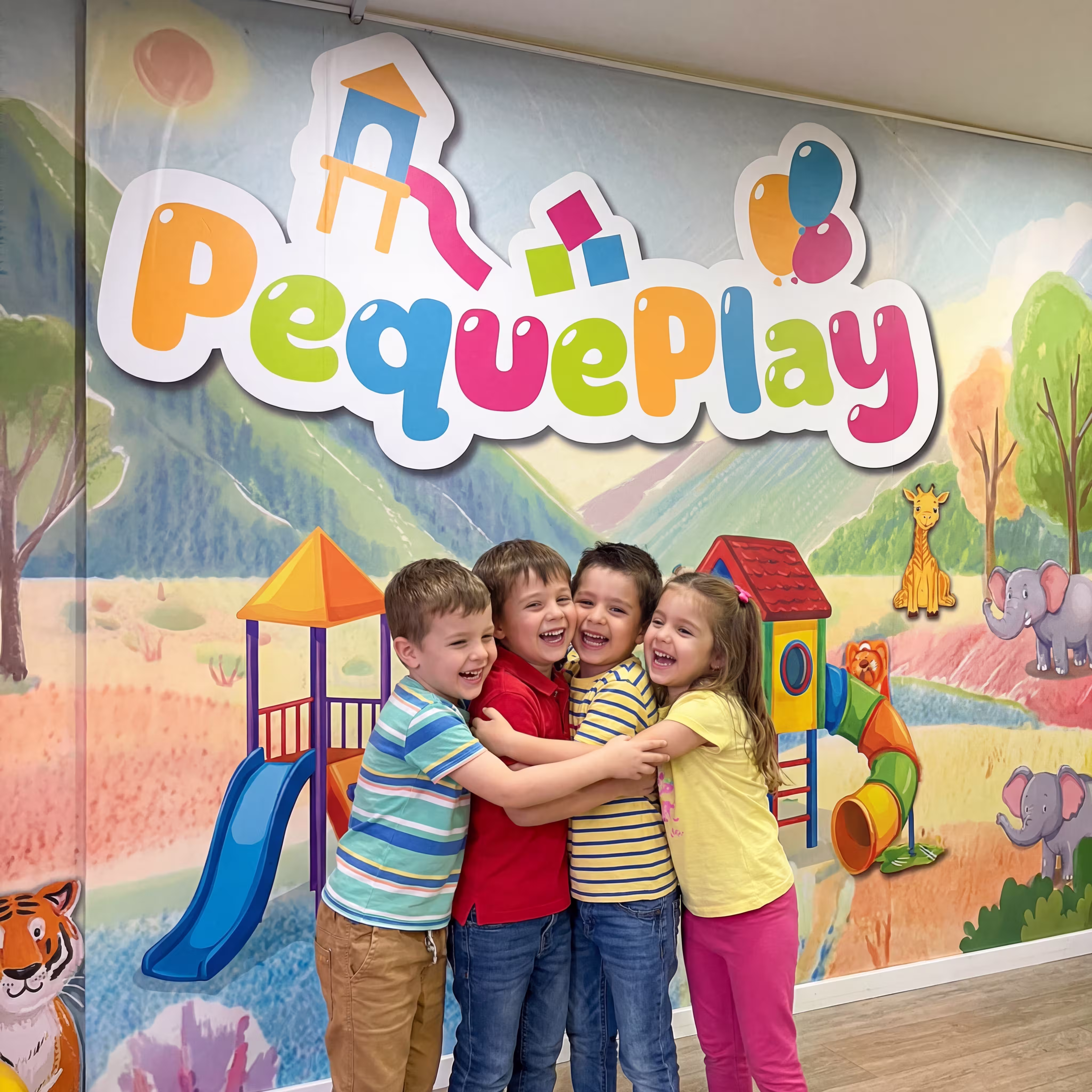 Niños felices jugando de forma segura en el colorido parque de soft play Pequeplay, con piscinas de pelotas y colchonetas suaves